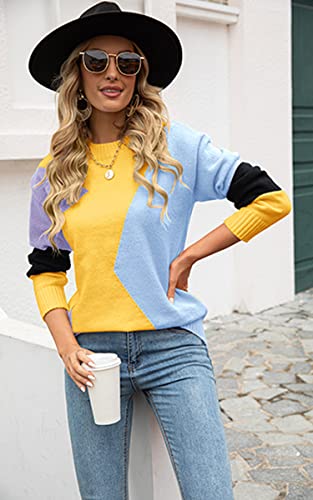 ECOWISH Women's Fall Sweater 2024 - Long Sleeve Color Block Patchwork Round Neck Pullover Knit Tops Cute Casual Sweaters3