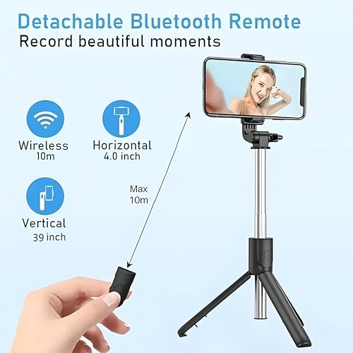 Image of Extendable Selfie Stick with Detachable Bluetooth Wireless Remote Phone Holder Compatible with All Smartphones Bluetooth Selfie Stick, 3 in 1 Multifunctional Selfie Stick Tripod Stand (Black)