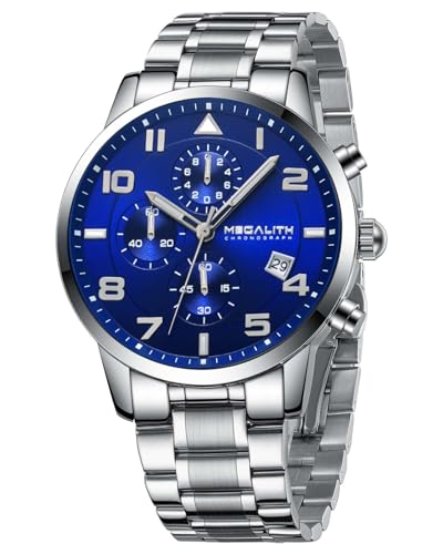 MEGALITH Relojes Hombre Analogico Militar: Cronógrafo Acero Inoxidable Calendario - Deportivo Reloj Hombre Plata Azul Reg