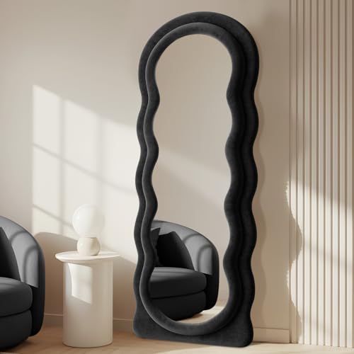 Anpark Full Length Mirror 63"x24" Arched Wavy Full Body Wall Mounted Floor Mirror with Stand Black Flannel Frame Leaning Hanging Wall Mirror for Bedroom Entrance