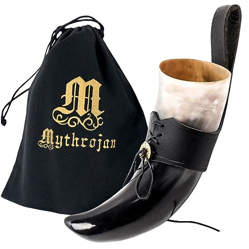 Mythrojan Viking Drinking Horn Black Medieval Beer Drinking Horn Authentic with Strap Norse Beer Mug Viking Ale Cup 250 ml Replica 8oz