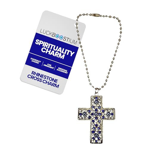 LUCKBOOSTIUM Rhinestone Cross Charm Hanging Accessory - Gold and Blue Interior Decor for Your Car, Evil Eye Ornamentation and Bible-Inspired Rear View Mirror Accessories, Home and Office Décor
