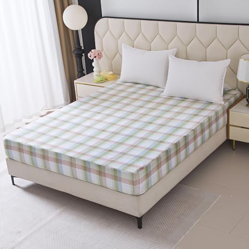 Image of Bedding Fitted Sheet with Deep Pocket,Modern Design Light Green Linellae Pattern Printed Fabric Bed Sheets (Green Checkered, Queen)