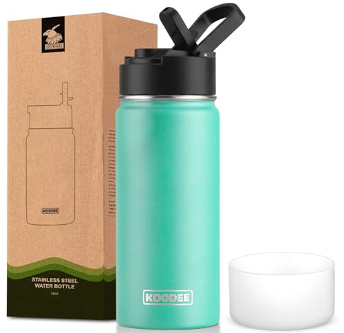 Image of koodee 16 oz Water Bottle Stainless Steel Double Wall Vacuum Insulated Sports Water Bottle with Straw, Reusable Metal Wide Mouth Water Flask for Girls Women,BPA Free(Teal)