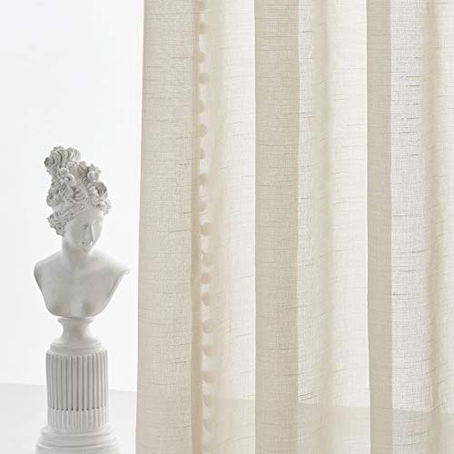 Treatmentex Pom-Pom Linen Sheer Curtains for Office Outdoor Curtains Bedroom Window Drapes 108 inches Long Rod Pocket Curtain Set for Living Room 2 Pack - Thumbnail 4