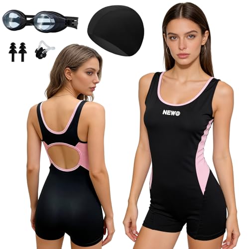 Catálogo para Comprar On-line Ropa de Ropa de natación con protección solar para Mujer los mejores 10. 41 Traje de Baño para Mujer, Negro, Bañador Integrado, Trajes de Baño de Cuello Redondo, con Gorro de Natación, Gafas, Tapones para Oídos y Pinza para la Nariz, para Playa,...