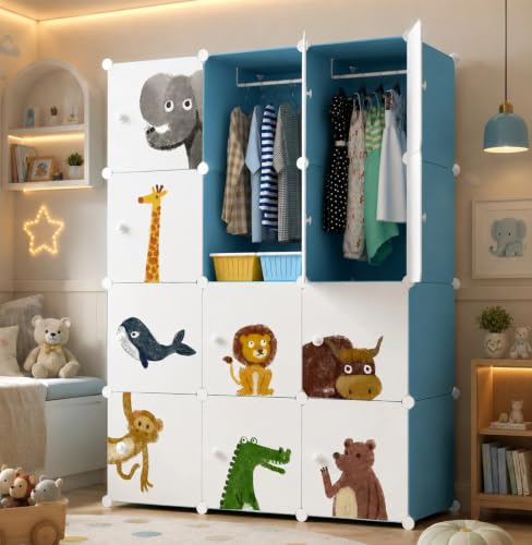 Image of 12 Door Plastic Wardrobe for Kids - Cupboard for Clothes Storage Rack, Almirah for Clothes, Baby Collapsible Wardrobe, Multi-Purpose Kids Storage Organizer for Books,Toy (Blue-KTM1, 12-Door)