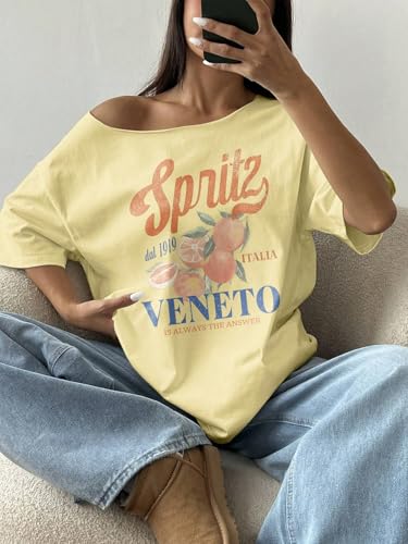 Image of SXV STYLE Women Summer Loose Asymmetrical Neck Cocktail Fruit Orange Y2K Graphic Oversized T-Shirt