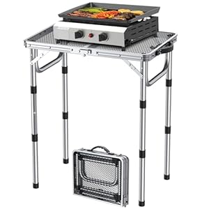 FUNYKICH Tragbarer Grilltisch 58 x 40cm, Campingtisch Klappbar mit 3 Höhen Verstellbarer(26/48/70cm) Klapptisch mit Mesh Desktop, Leicht zu montieren Multifunktionstisch für Picknick Camping, Silber