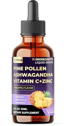 Tenmido Pine Pollen Tincture - 11in1 with Ashwagandha, Panax Ginseng, Rhodiola Rosea, Turmeric Curcumin, Ginkgo Biloba, Holy Basil, Ginger, Black Pepper & More - 30ml 1Fl Oz