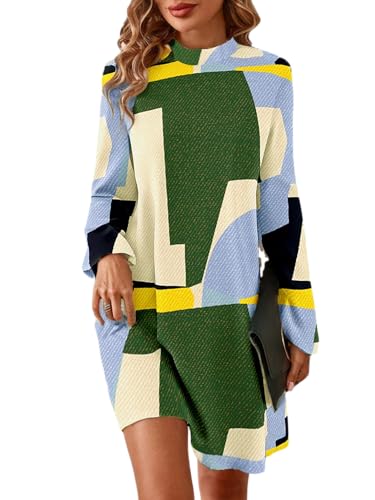 Women's Graphic Print Mock Neck Bishop Long Sleeve Loose Fall Winter Club Night Out A Line Casual Short Dress A Green