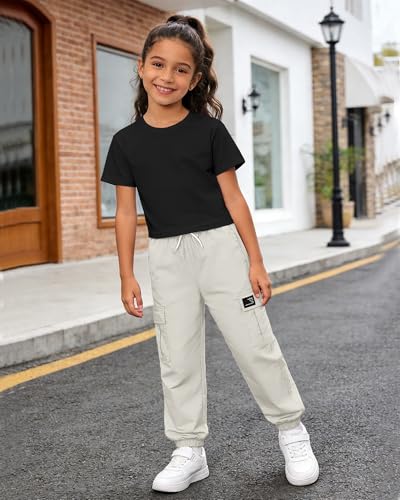 Image of Betusline Girls 2 Piece Summer Outfits,Black Cute Short Sleeve Crop Tops + Beige Cargo Jogger Pants Clothes,11-12 Years = Tag 160