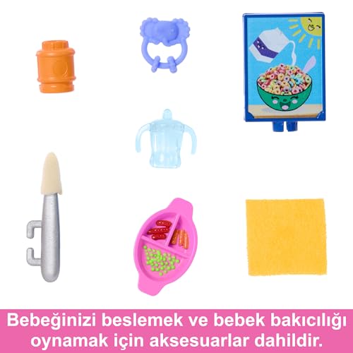 Barbie Aksesuarlarla birlikte gelen Barbie Skipper Bebek ve Oyun Seti, yemek zamanı temalı bebek bakıcılığı seti, renk değiştiren oyuncak, HTK35