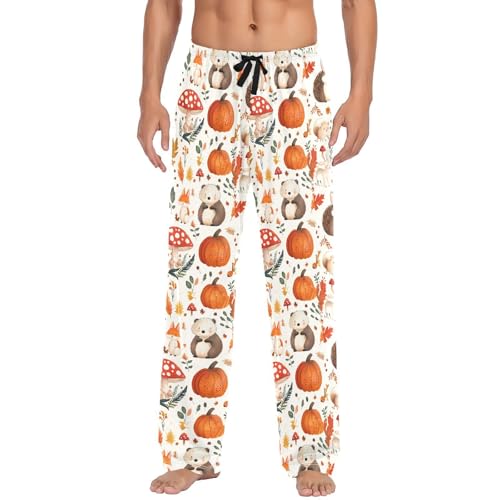 Mens Pajama Pants 100% Cotton, Mushrooms Fox Autumn Pumpkin Men's Flannel Pajama3