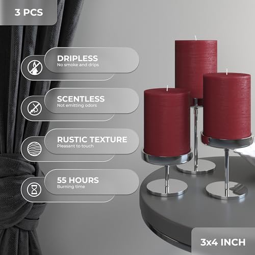 CANDWAX 3x4 inch Pillar Candles Set of 3 – Unscented Dripless Rustic Burgundy Candles for Weddings, Decor, Centerpieces