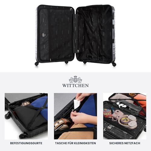 WITTCHEN Reisekoffer Groß Rollkoffer Trolley Großer Koffer Check-In Gepäck Hartschale aus ABS 4 Spinner-Rollen Zahlenschloss Groove Line Größe L schwarz Lufthansa/Eurowings/Ryanair