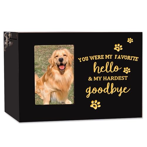 Dog Urns for Ashes, Black Personalized Wooden Urn Pet Keepsake You Are My Favorite Hello and Hardest Goodbye Delicate Cat Cremation Memorial Box with Photo Frame Commemorate Funeral (Large)