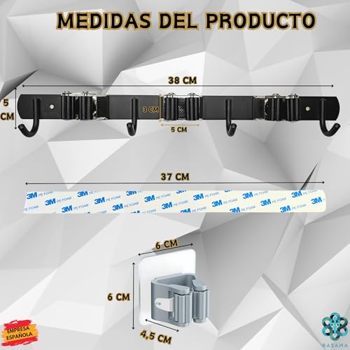 Miniatura 2 de Basama Colgador Escobas Y Fregonas De Acero Inoxidable De 38 Cm 2 Soportes Individuales Adhesivos Soporte Escobas Pared Con Adhesivo 3m Y Tornillos