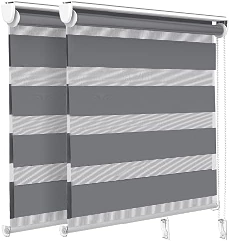 VOUNOT Day and Night Zebra Roller Blind with Clips 55 x 150 cm, Double Fabric Translucent or Blackout Vision Curtains for Window and Door, No Drilling, Grey