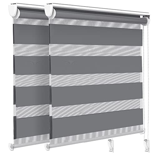 VOUNOT® Set of 2 Day and Night Blinds No Drill, Zebra Roller Blinds for Windows Double Layer Translucent and Blackout Fabric