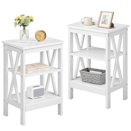 VECELO End Table Set of 2 Bedside Table 24 Tall Living Room End Tables X-Design Reinforced Nightstands Side Table with 3-Tier Storage Shelves for Small Spaces Office Bathroom Bedroom White