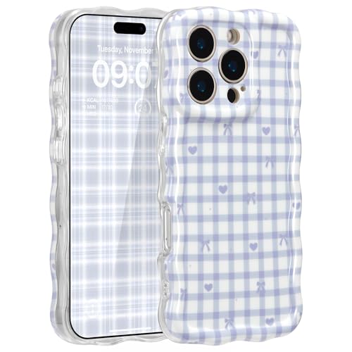 ZCDAYE for iPhone 15 Pro Max Case, Cute Wavy Aethetic Phone Cover for Women Girls, Soft TPU Shockproof Full Camera Protective Cases for iPhone 15 Pro Max (6.7 inches),Blue Checks