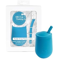 ezpz Mini Cup + Straw Training System (Blue) - 9 Months+ | 100% Silicone Training Cup for Infants + Toddlers - Designed by a Pediatric Feeding Specialist