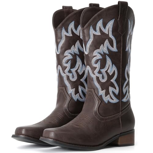 IUV Cowboy Boots For Women Square Toe Cowgirl Boots Mid Calf Western Boots Pull On Fashion Cowboy Boots
