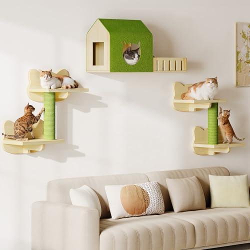 YITAHOME Katzenkletterwand-Set Stabiler Holz Katzenmöbel 5-Teilig Katzen Wandelemente mit Katzenhaus Katzentreppe Katzenplattform für Katzen zum Schlafen Spielen und Ausruhen