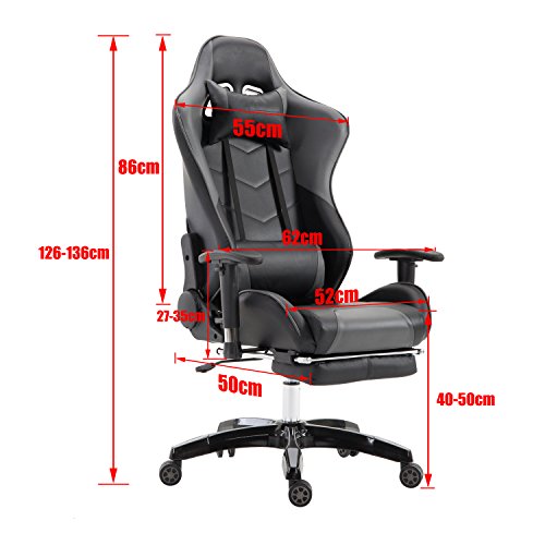 LZQ Racing Sportsitz Gamingstuhl Bürostuhl mit Fußstützen, PU Kunstleder Bürodrehstuhl, Chefsessel Schreibtischstuhl Drehstuhl mit Armlehnen, Wippfunktion und Höhenverstellbar (Grau-Schwarz) - 3