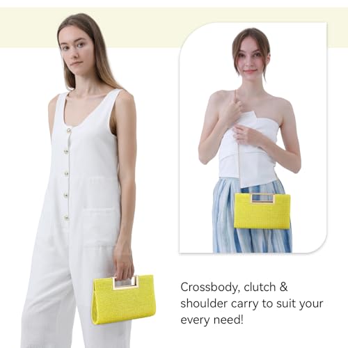 Image of Women's Straw Raffia Clutch Purse, Top Handle Woven Handbag with Crossbody Strap, Summer Beach Shoulder Bag