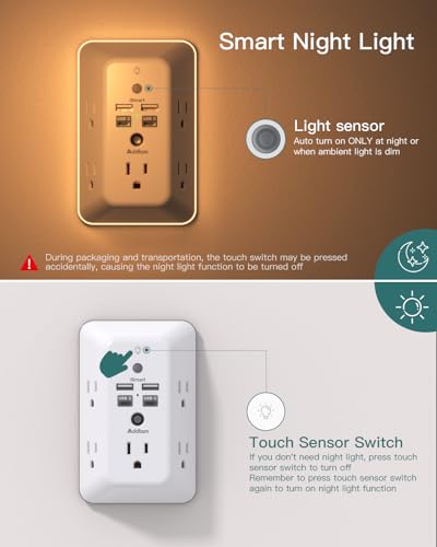 Addtam Surge Protector Outlet Extender, Plug Extension Outlet with Night Light, 5-Outlet Splitter and 4 USB Ports(2 USB C), Multi Plug Wall Outlet for Home Office Dorm Room Essentials