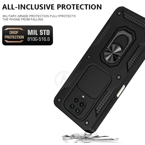 Image of AESTMO Tough Armor Compatible with Redmi Note 10 Lite /Note 9 Pro /Pro Max /Poco M2 Pro Bumper Back Case Cover | Ring Holder & Sliding Camera Shield Cover | 360 Degree Protection Back Case Cover (Black)