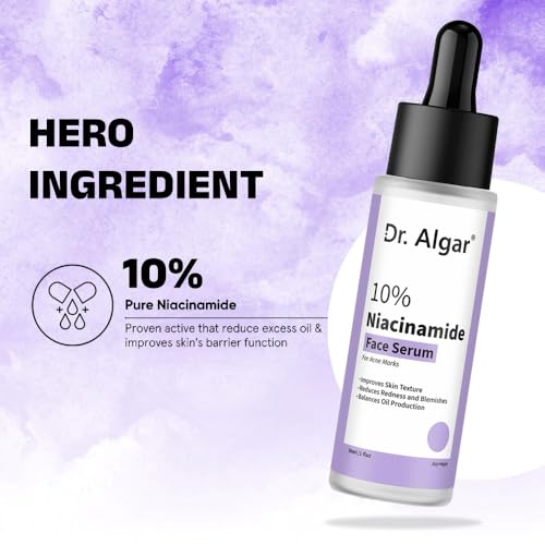 Image of Dr. Algar 10% Niacinamide Face Serum for Acne Marks, Blemishes & Dark Spots | Oil Control | Brightens & Evens Skin Tone | Suitable for All Skin Types | for Women & Men | 30 ml
