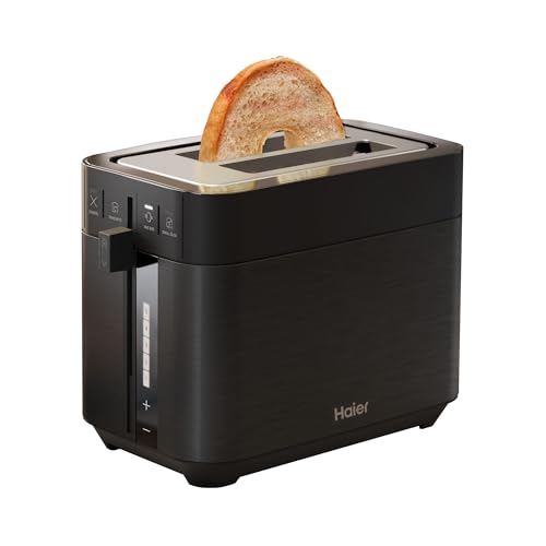 Haier 1150W Digital Toaster 2 Slice, 7 Browning levels with Extra Wide Slots, High Lift, LED Indicator, Removable Crumb Tray, Stainless Steel, hOn App, Black [I-Master Series 5 HTO5A3]