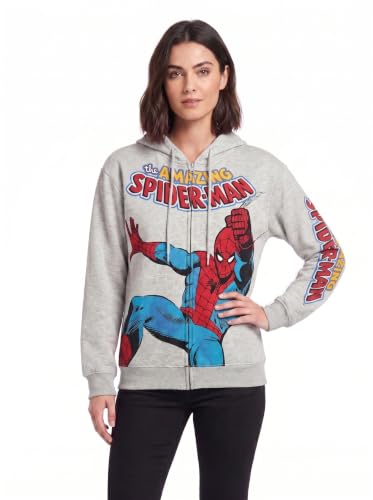 Image of Marvel Spider-Man Womens Full Zip Up Graphic Hooded Sweatshirt, Spiderman Cool Heather Grey, XS