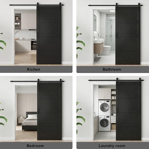 Image of 48 inchx84 inch Black Waved Barn Door with 8 FT Track Kit & Handle & Floor Guide | Pre-Drill Holes Easy Assembly & Install Required, Solid Core Wood Sliding Barn Door for Water-Resistant & Sound Reduction