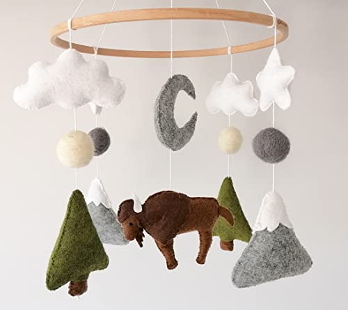 Bison Mobile,Buffalo Mobile, Nursery Mobiles,Forest Fir Tree Mobile,Woodland Mobile,Wisent Mobile, Mobile Felt, Mountains Mobile,Wood Crib Arm,Wall Arm Mobile #TOP26