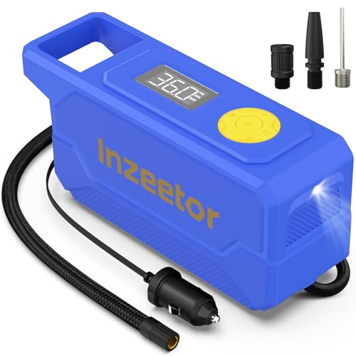 Inzeetor 150 PSI Tire Inflator Portable Air Compressor, 12V DC Auto Shutoff Air Pump with Digital Pressure Gauge and Emergency LED Light for Car Tires, Bicycle & Balloons, Blue