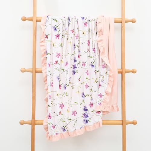 Image of Rayon Made from Bamboo Baby Blanket for Girls, Purple Floral Print, Ruffle Trim, Soft and Comfy, Size 40x33