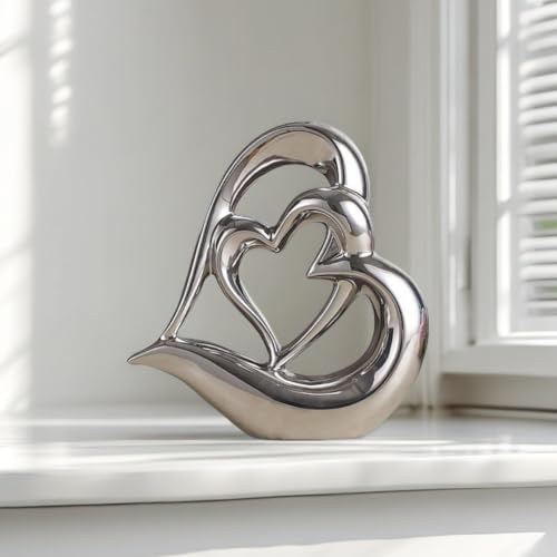 Dubbel hart keramisch beeldje, elegant hart voor decoratie, decoratieve sculptuur voor thuis, woonkamer, kantoordecoratie, geschikt als cadeau (zilver D) - Afbeelding 3
