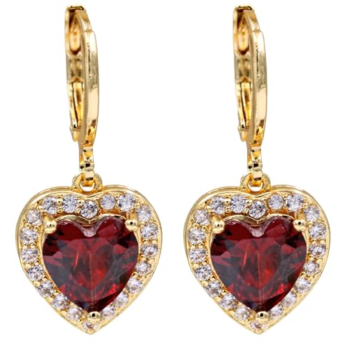 Vuskdtei 18K Gold Plated Red Heart Gemstone Dangle Earrings for Women Hypoallergenic Cubic Zirconia Earrings Elegant CZ Drop Earrings Statement Jewelry Lover Mom Gifts Party Fashion (OBS4665_GD_RD)