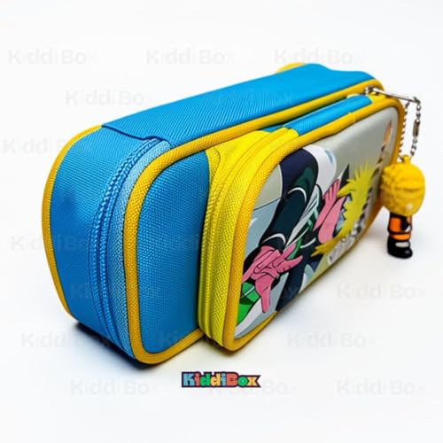 Image of KiddiBox One Piece Anime Pencil Case, Blue Double Zipper Stationery Pouch with Character Charm, School Supply with Keychain (Combo Pouch & Stickers Yellow)