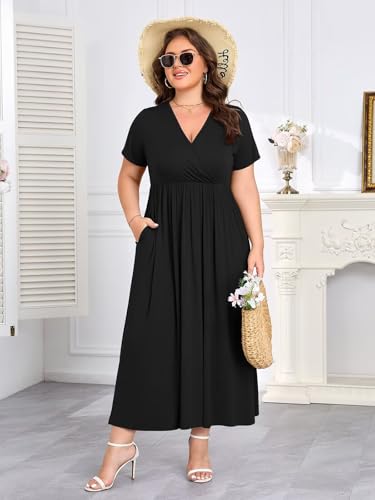 Image of BELAROI Womens Plus Size Maxi Dress Summer Wrap V Neck Flowy Long Sundress Beach Dresses with Pockets