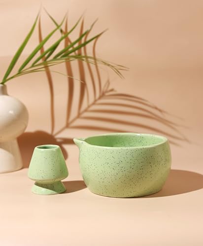 Image of Craftribal Handmade Ceramic Solid Matcha Bowl with Whisk Holder - Pottery Chawan for Japanese Tea Ritual, Matcha Lovers & Gifting|Bowl - 5.5 inches|Holder-2.5 inches|Color-Green