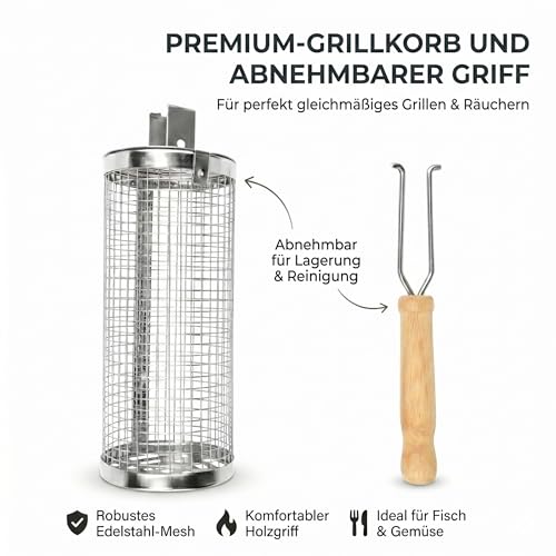 Grill Welten Grillkorb Edelstahl BBQ Grillkorb Rolling Grill Basket 20 cm Korblänge BBQ Zubehör für Gemüse Fleisch Fisch Wurst Grillzubehör mit Holzgriff abnehmbar