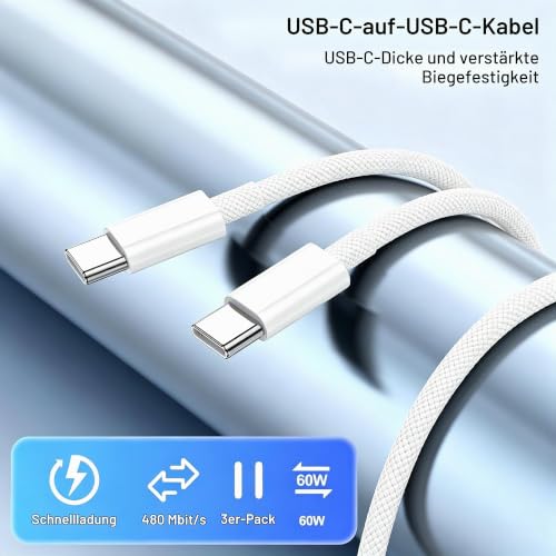 USB C Kabel 2M, 60W Braided USB C auf USB C Schnellladekabel Ladekabel für Apple iPhone 18/17/17 Pro Max/16e/16 Pro/16 Pro Max/15 Plus… – Ansicht 3
