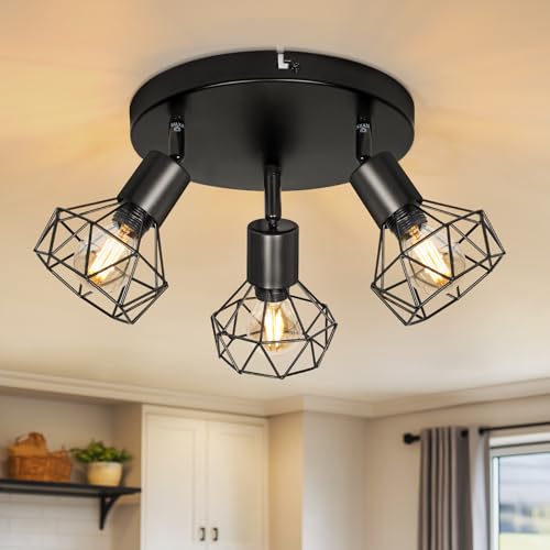 Dehobo Lámpara de Techo E14 Focos LED Interior Techo 3 Focos Giratorio Focos Para el Techo Negro Retro Foco de Techo Para Salon Dormitorio Comedore, Sin Bombilla