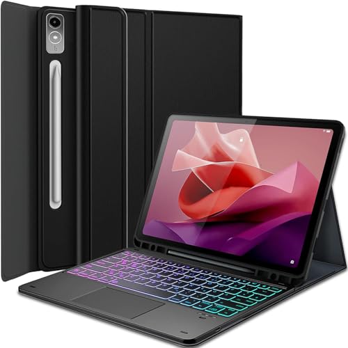 Wineecy Hülle mit Tastatur für Lenovo Tab P12 12.7 Zoll Tablet 2023 TB370FU 3-Zonen 7-Farben Beleuchtung Abnehmbare Magnetische Bluetooth QWERTZ Tastatur mit Touchpad Pencil Halter Schützhülle