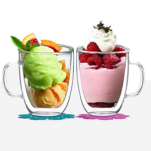 BOQO Tazza in Vetro a Doppia Parete, Bicchiere Tazzine,Bicchieri Vetro,Calici da Acqua,tè e caffè 400 ml, Set di 2